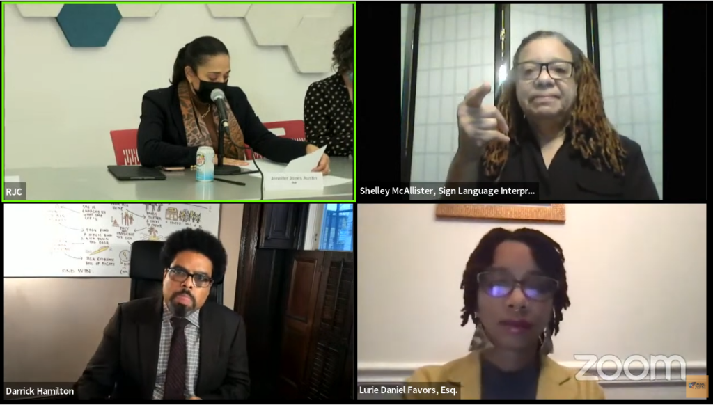 Screenshot of the public commission meeting. The image features Chair Jennifer Jones Austin, Commissioner Hamilton, Commissioner Daniel Favors, and an ASL interpreter.