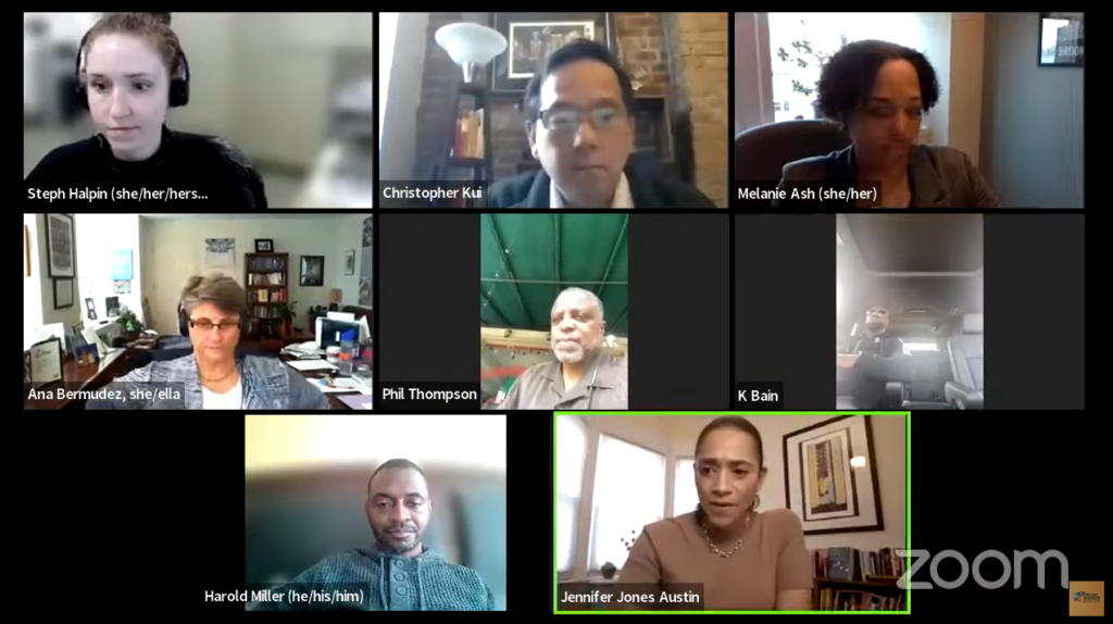 Screenshot from the virtual public commission meeting, featuring RJC staff and Commissioners Christopher Kui, Ana Bermudez, Phil Thompson, K Bain, and Chair Jennifer Jones Austin.
