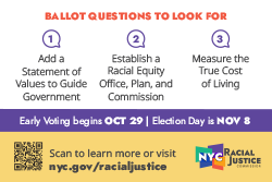 RJC Palm Card "Want to know how much it actually costs to live in NYC?" Vote November 8 Side 2 with 3 ballot questions